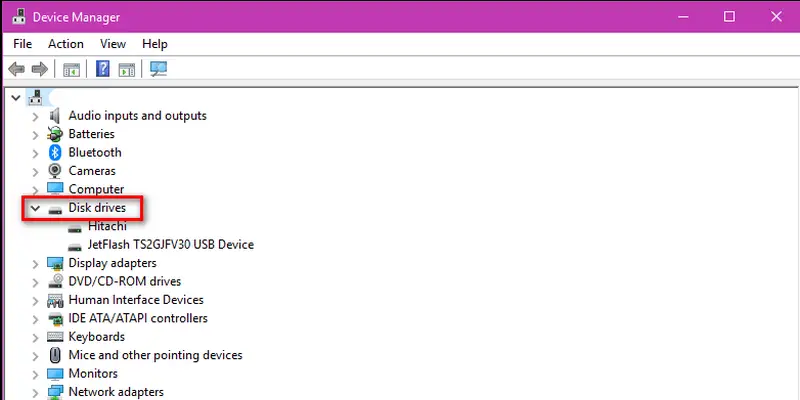 Thereafter, a Device Manager window will appear on the display, move to ‘Disk drives’ section and click on the arrow button to expand the drives.