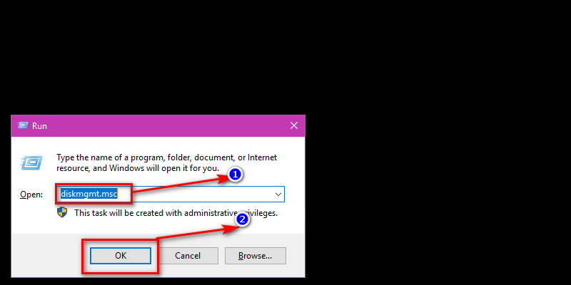 Type ‘diskmgmt.msc’ in the box and click on the ‘OK’ button.