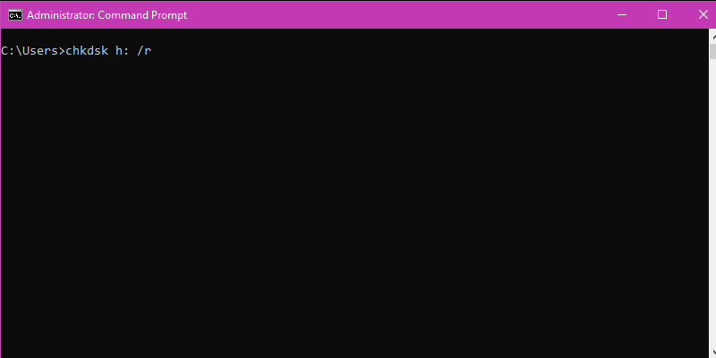 Thereafter, a command window will appear and here you will have to type ‘chkdsk h: /r’. Make sure to remove the inverted comma and in place of “h” type the disk name in which you are having the issue.