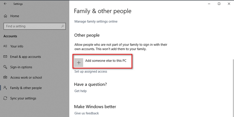 Add someone else on this PC