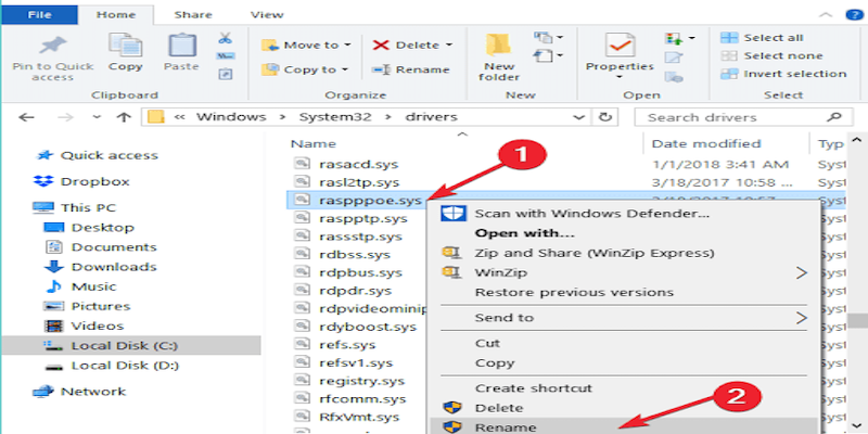 Rename the file as “Raspppse1.sys”