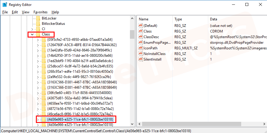 From here onwards, the operation is going to be tough as you will find a lot of sub-folders in the ‘Class’ folder and from these folders, you will have to choose {4D36E965-E325-11CE-BFC1-08002BE10318}.