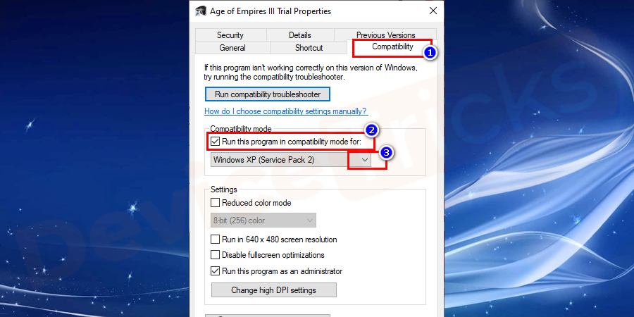 Navigate to the Compatibility tab and check the option for Run this program in the compatibility mode and then from the drop-down menu select the Windows version.