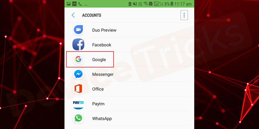 In the list, you will find several accounts; select Google.