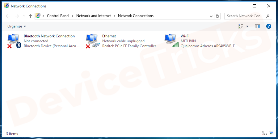 On the network connections window, you can see several connections. Find the active connection and note down its name. Look at the image to know in detail.