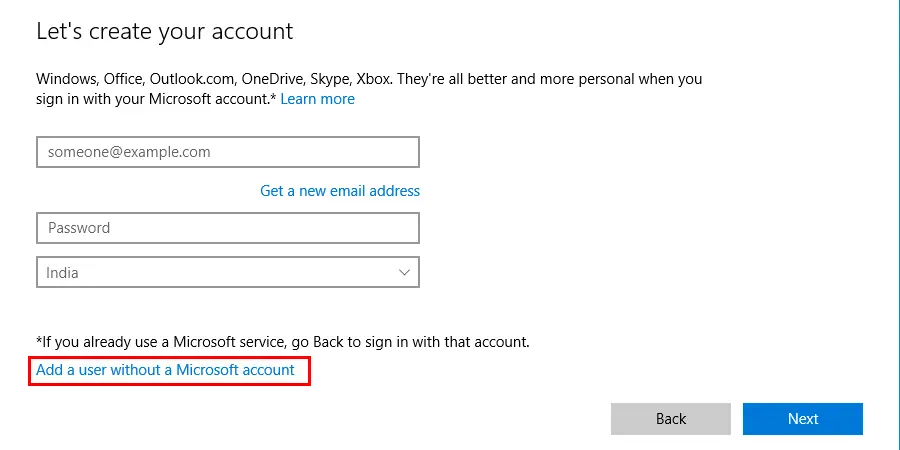 click Add a user without a Microsoft account
