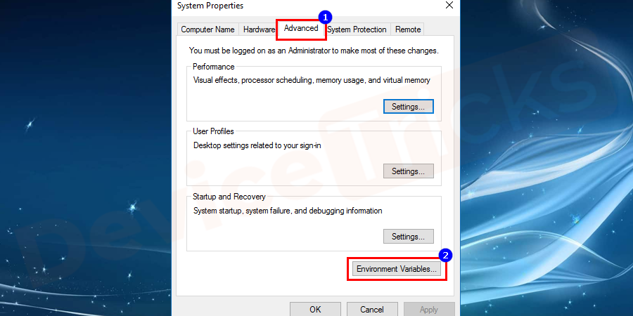 Go inside the Advanced tab and click on the Environment Variables.