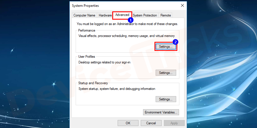 Navigate to Advanced tab from the pop-up window system properties. And then click on Settings given underperformance category as shown in the figure.