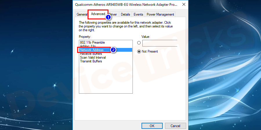 Advanced tab -> Network address