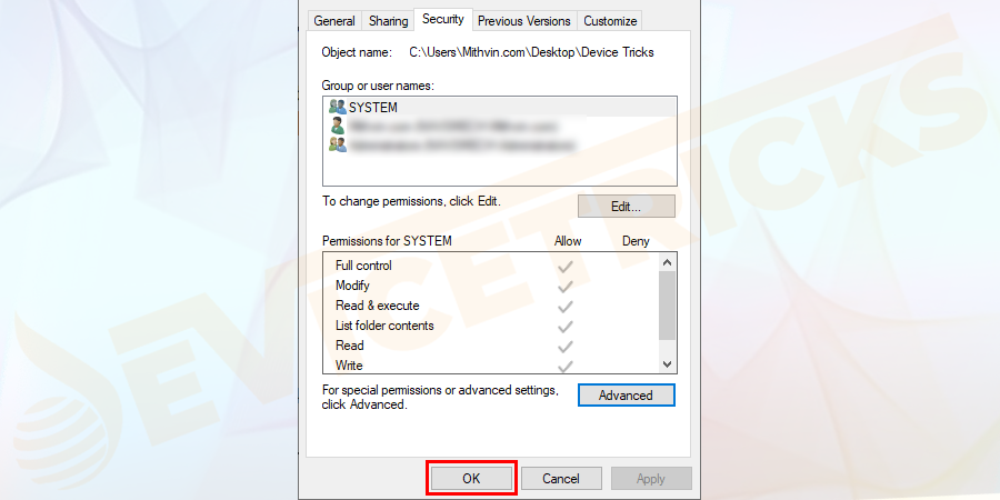 Again click OK on the file/folder properties window.