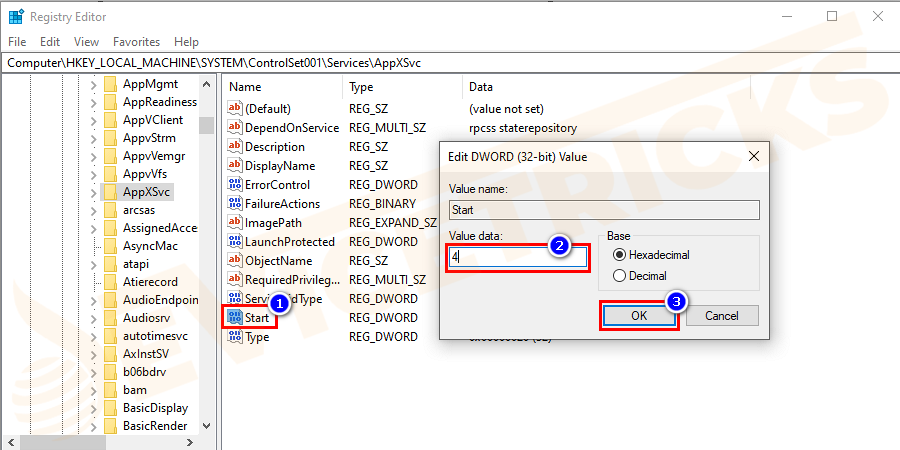 Click on the AppXSvc. From the right window pane select start subkey. And in the Value Data field type 4 and then click OK.