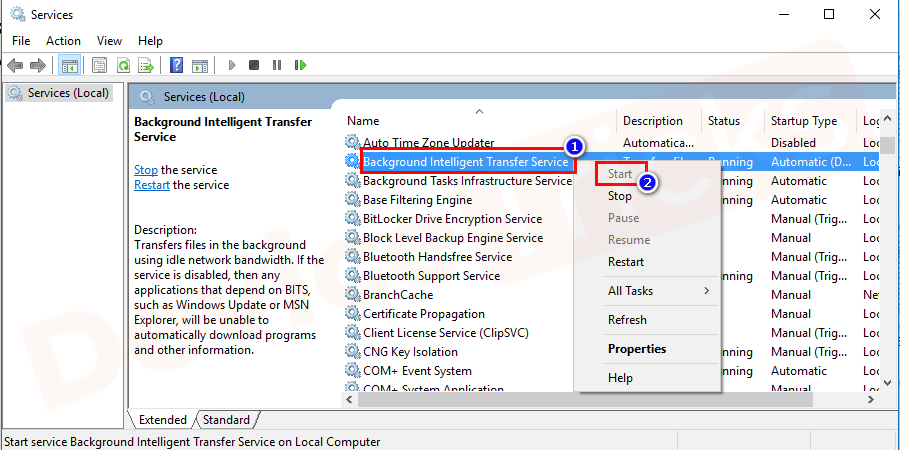 Maximize the service window and once again scroll down in the list to search Window Update and Background Intelligent Transfer Services and re-start the services which were earlier stopped.