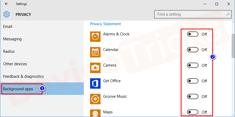 Toggle all these background running applications to Off