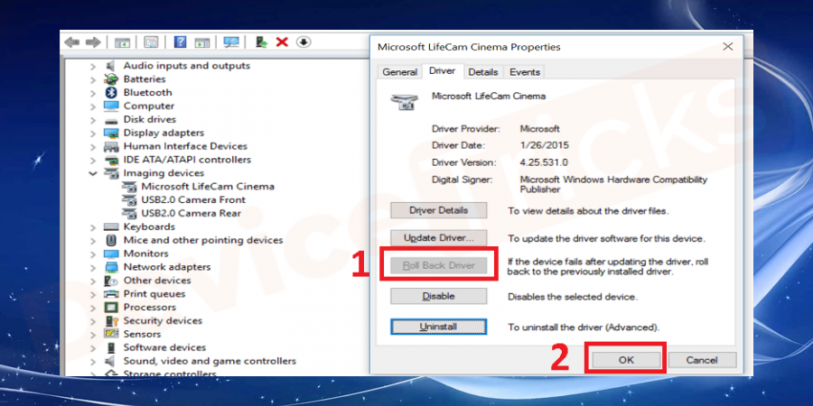 Navigate to the Driver tab and select the rollback driver option.