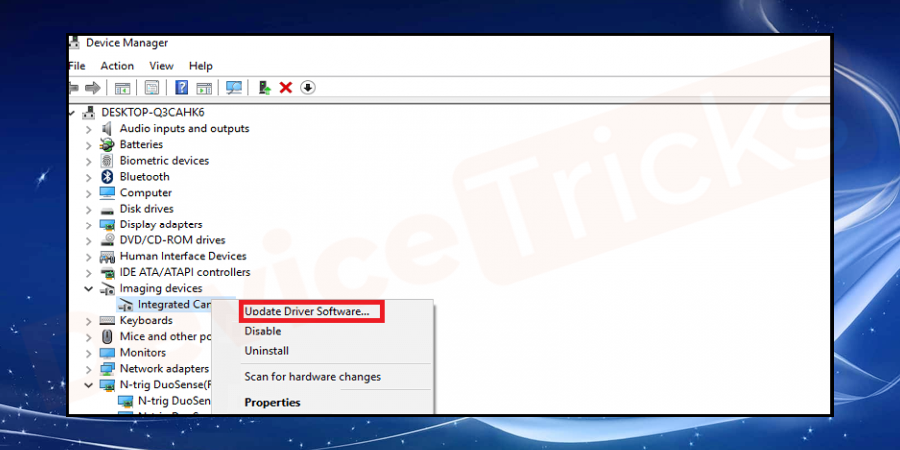 Right-click on the biometric error occurring device and from the list, select update driver option.
