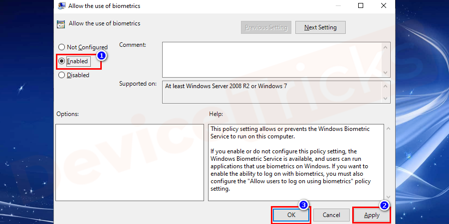 On the new window, select the enabled option, click on Apply and OK buttons.