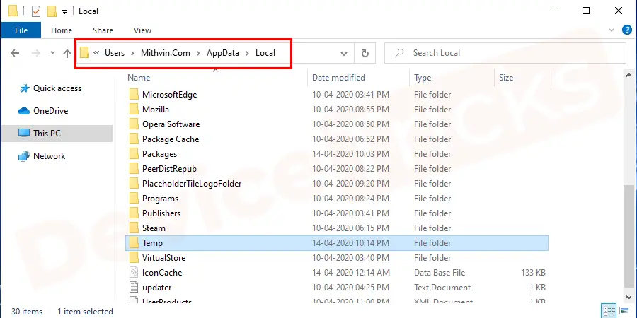 And then select Local Disk C. On the next screen, select users and continue with your computer username folder. Next, select AppData and click on the local folder. The navigation location is local disk c:\ users\ [Select your username folder]\ AppData\ Local