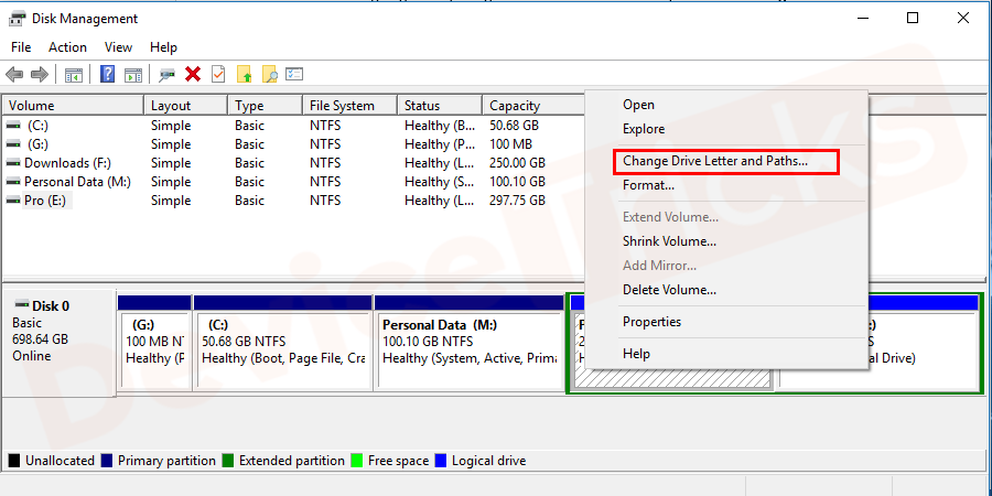 After going inside, navigate to the CD-ROM section, choose to Change Drive Letter and Paths followed by the right-click feature.