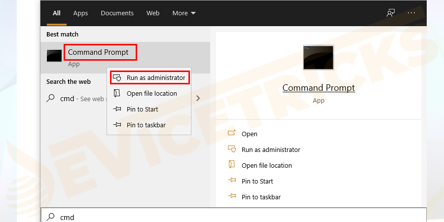 In order to take ownership of the files Open a Command Prompt as an Administrator by searching Command Prompt in the Start Menu and right-click on it to run it as Administrator.