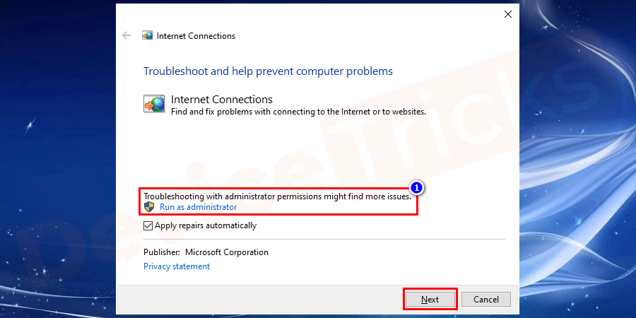 After clicking on the ‘Advanced’ button, you will find an option ‘Run as administrator, click on it.
