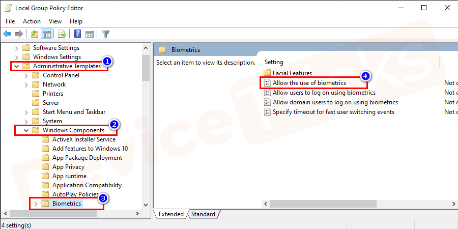 On the new window, follow the path as here computer configuration > Administrative Templates > Windows Components > Biometrics. Now, on the right side of the panel, click on allow the use of biometrics.