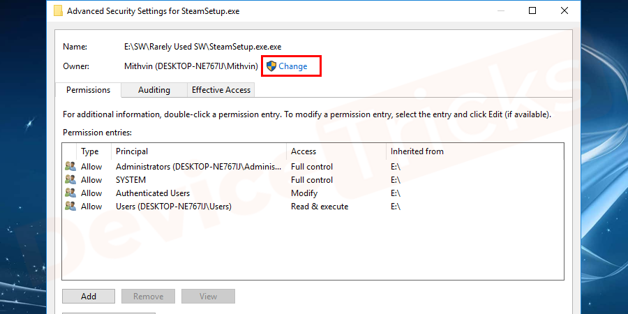 Once in the Advanced Security window, click on change.