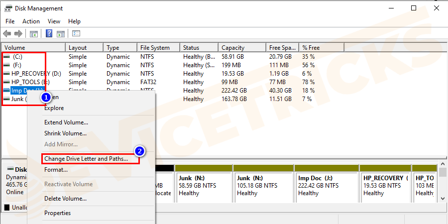 Now, select the drive from the list of available drives. After selecting the hard drive, right-click on it and select an option ‘Change drive letter and path’ from the drop-down menu.