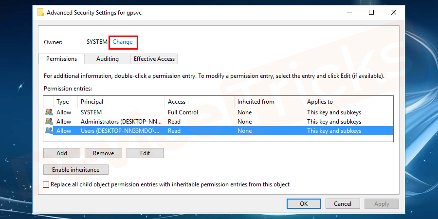 To change the owner from Trusted Installer to your choice, you need to click on the change that appears in the windows.