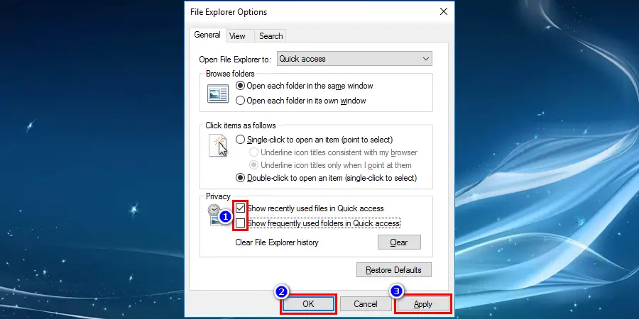 Make sure the boxes next to Show recently used files Quick access and Show frequently used folders in quick access uncheck them. Press OK and Apply button to save the changes to fix Windows File Explorer keeps crashing