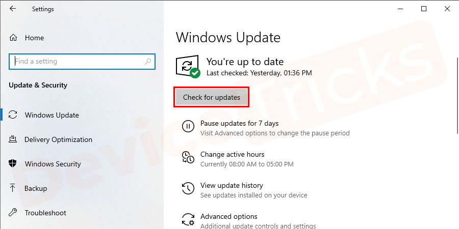Now, click on ‘Check for updates’ featured beneath the ‘Window Update’ section.
