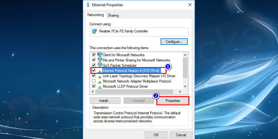 Select Internet Protocol Version 4 (TCP/IPv4) from the window that appears and click properties