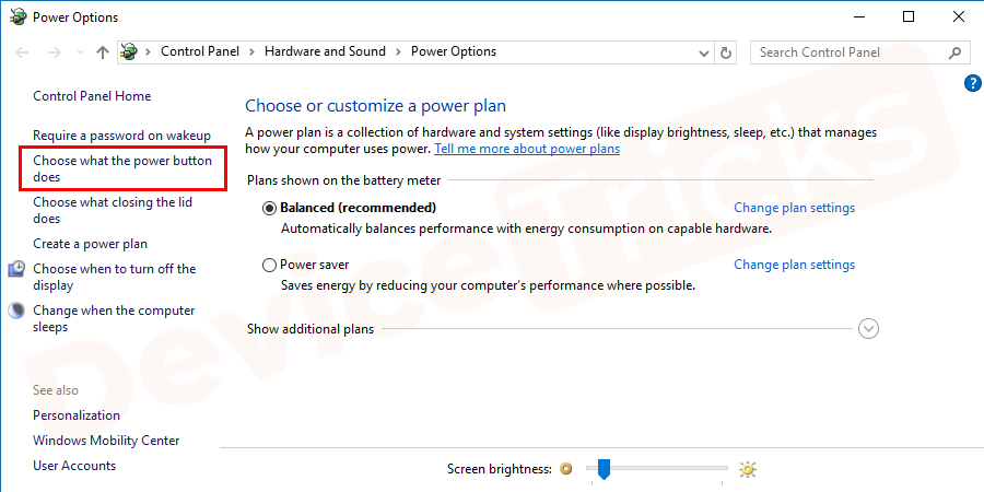 After that click on the option “Choose what the power button does” listed in the left sidebar.