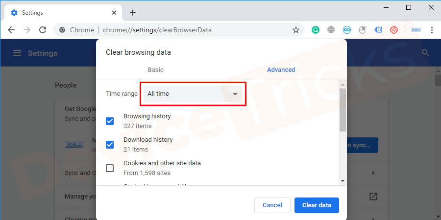 You will have a pop - up window from the time range all time click on the arrow mark. You will get a list of options for clearing browsing history. Select all the time.