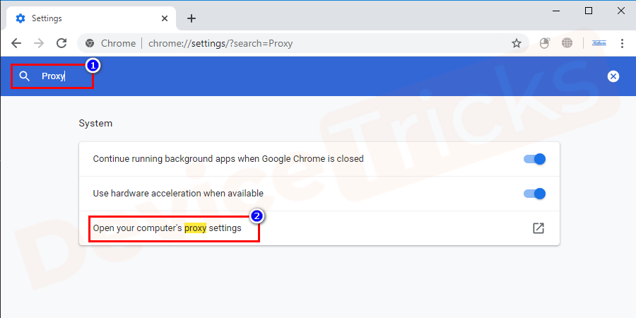 Open the search bar and type the Proxy command, and press on the Open proxy settings option that will lead you to a network connection Popup window.