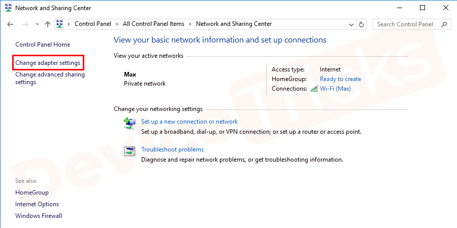 Select change adapter settings.