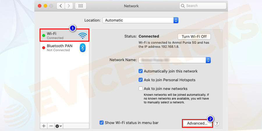 Now click WiFi in the list and click on advanced.