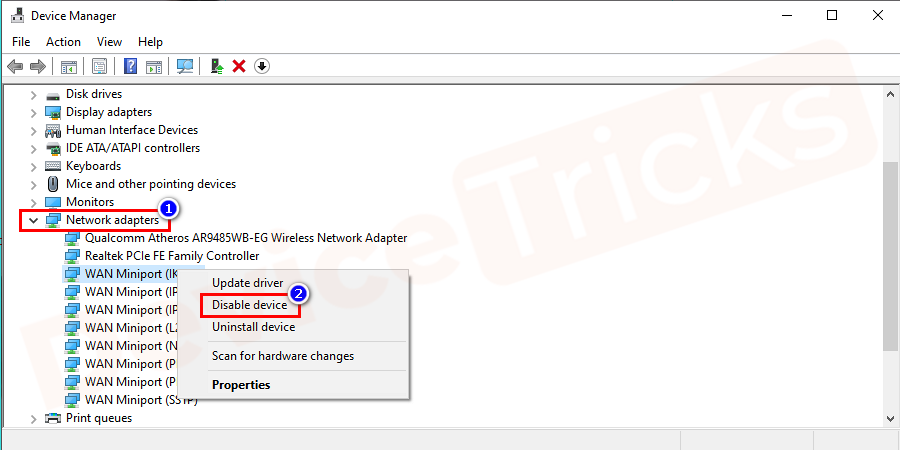 Find your network device and right-click on it. Select “Enable” option. If you see Disable there then, it means your device is enabled. In this scenario, select Disable and then press Enable to restart the device.