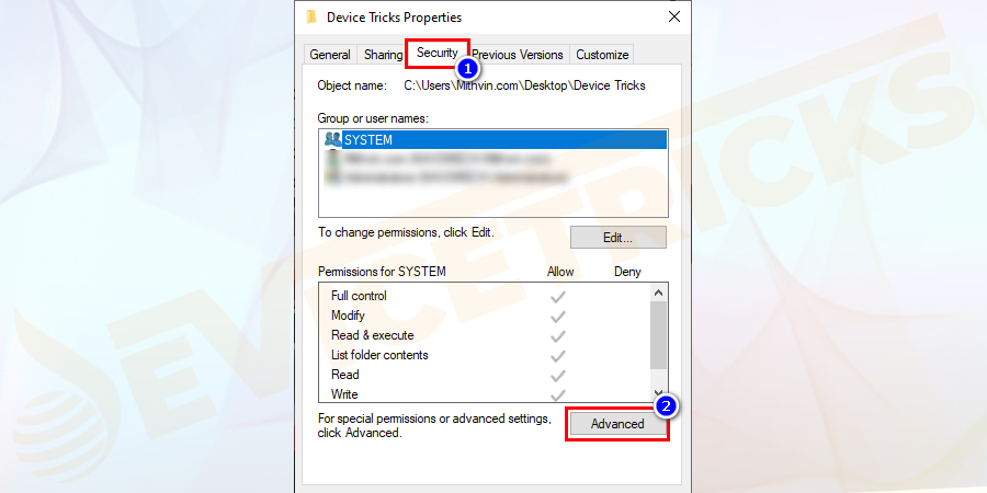 To get permission to do the necessary changes click on the Advanced button.