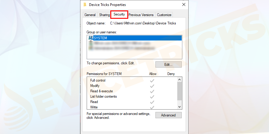 Click on the Security tab shown in the Properties window.
