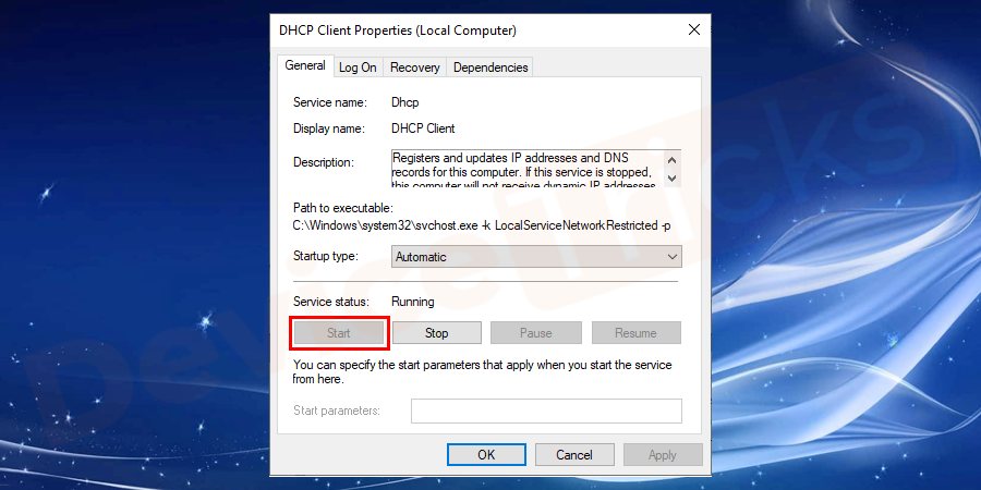 Now click on the Start option to start the services.
