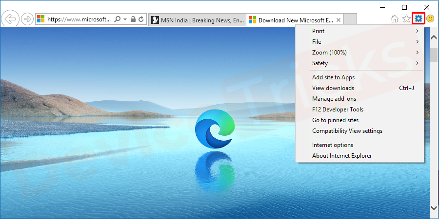 Click on the gear wheel present on the upper right-corner or tools option present on the window.
