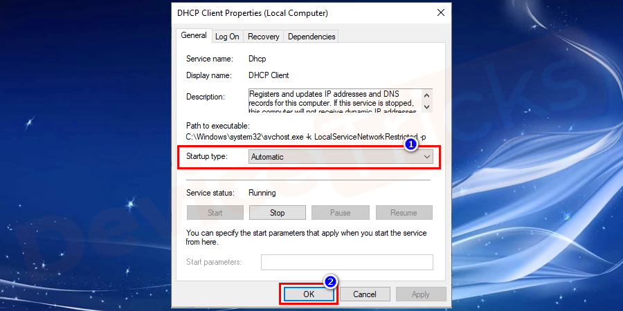 Click on the startup type and select Automatic from the drop-down menu.