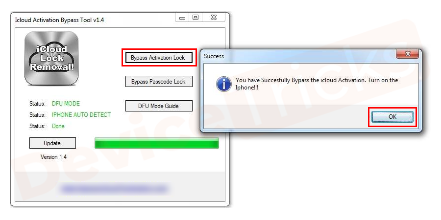 Click the 'Bypass Activation Lock' option and wait. The tool will use your IMEI number and connect to the respective Apple server. Then, it will delete the iCloud account linked to the device.
