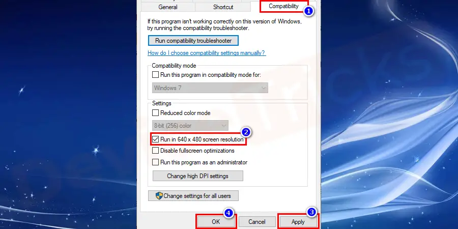 Go to the compatibility tab, under settings, 640x480 resolution screen and you need to up-tick checkbox option. Then save the options and close all the windows.