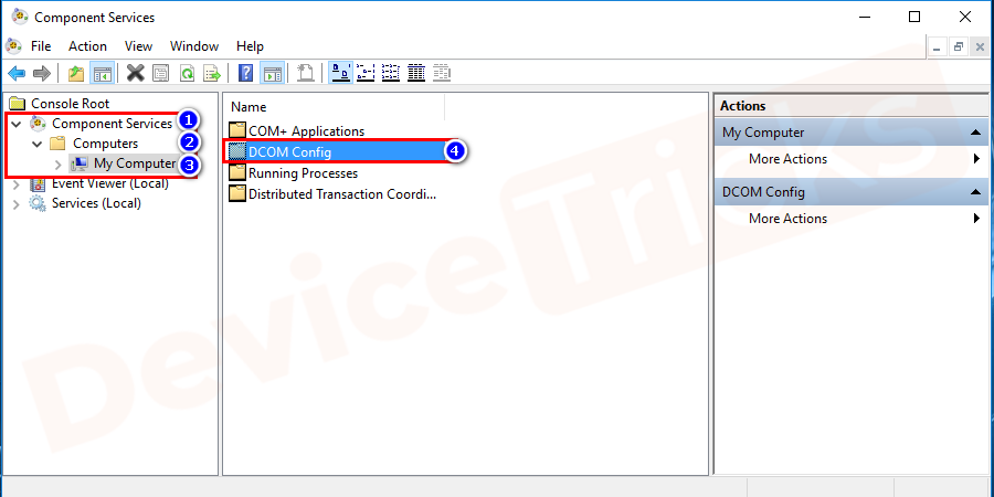 Navigate to the following path initially selecting Component Services then Computers then My Computer then DCOM Config.