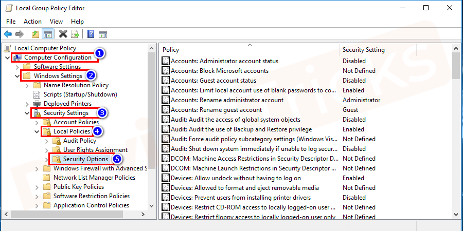 Once in the local group policy editor navigate to Computer Configuration > Windows Settings > Security settings > local policies > Security options.