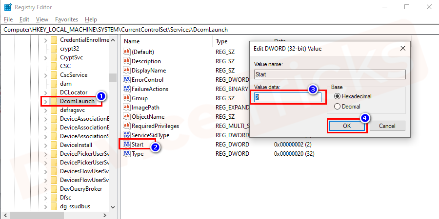 Double click on the Start and check the type settings. Now set to automatic and set the DWORD value as 2. To save the changes press on OK.
