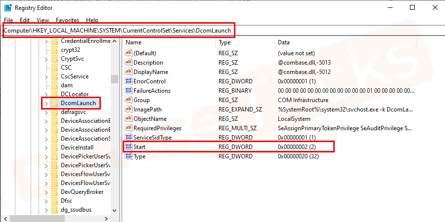 Sequentially navigate to Computer\HKEY_LOCAL_MACHINE\SYSTEM\ CurrentControlSet\Services\DcomLaunch and ensure the entries are not missing.