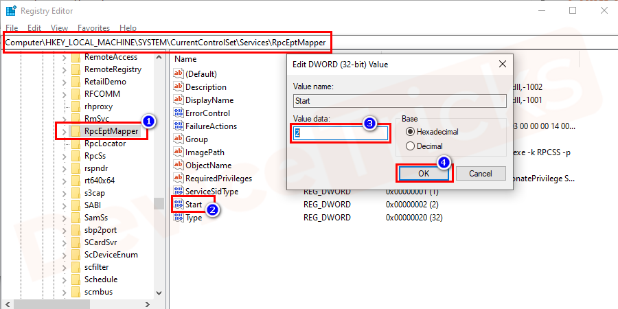 Navigate to Computer\HKEY_LOCAL_MACHINE\SYSTEM\CurrentControlSet\ Services\RpcEptMapper and check if any entries are missing. If the last entries are not correct then double click on the “Start” key, set the value as 2 clicks on OK, and save the changes.