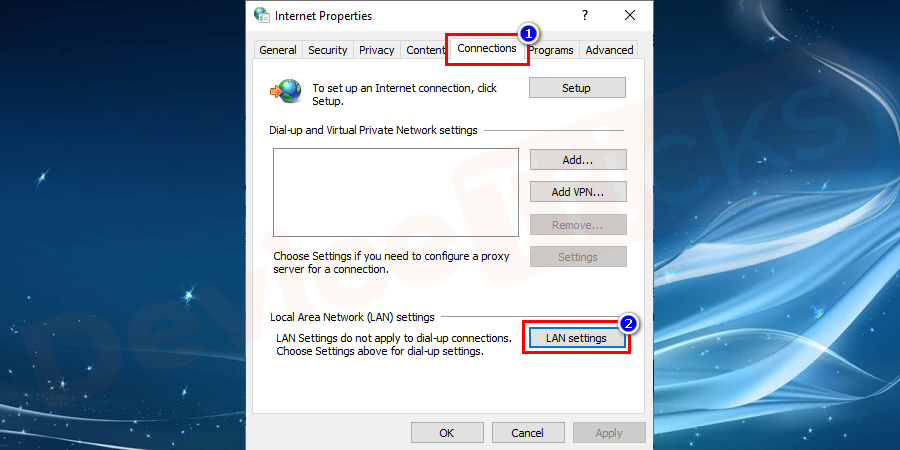 Now a pop-up window would show up on the screen. Now you need to click on the 'Connection' option and choose 'LAN settings'.